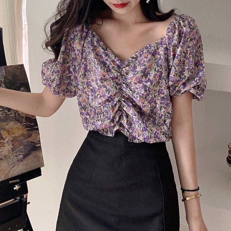 áo croptop nữ Tay Phồng Ngắn Họa Tiết Hoa Phong Cách Pháp Thời Trang Cho Nữ Áo Sơ Mi JL-TX-189 2022