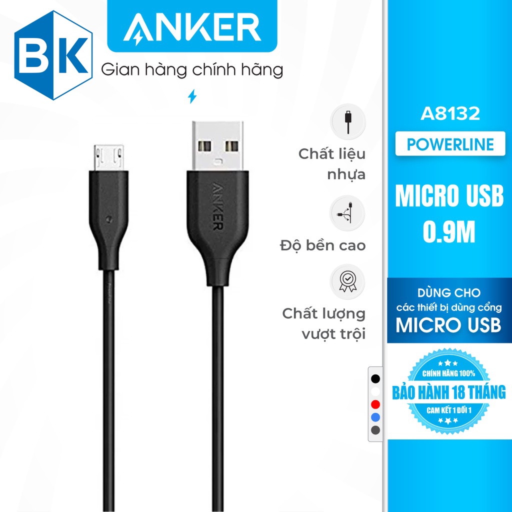 Cáp Micro USB Anker PowerLine - Dài 0.9m - A8132 Độ bền cao, Chất lượng tốt, Giao hàng nhanh