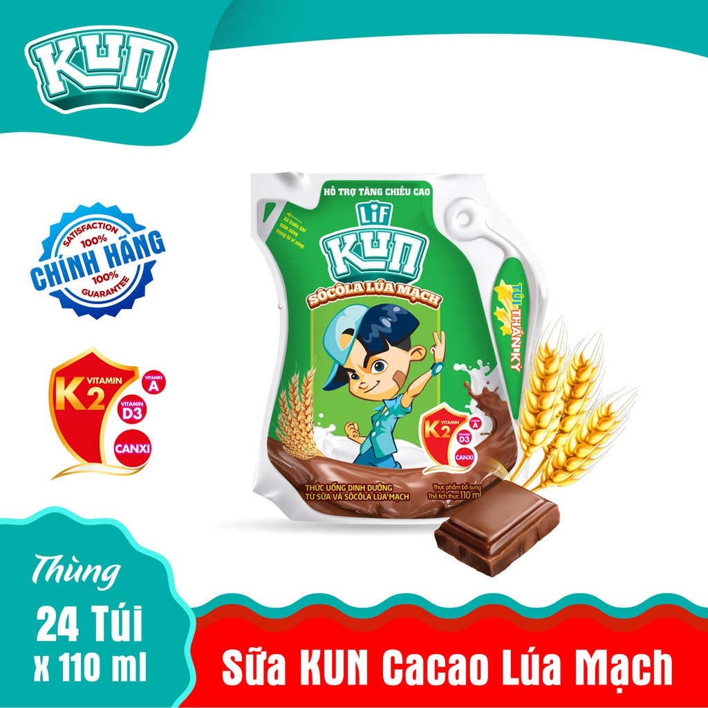 Sữa Kun Túi Sôcôla Lúa Mạch Thùng 24 Túi x 110ml