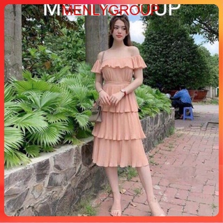Đầm xoè trễ vai bèo ngực tùng bèo tầng siêu xjnh