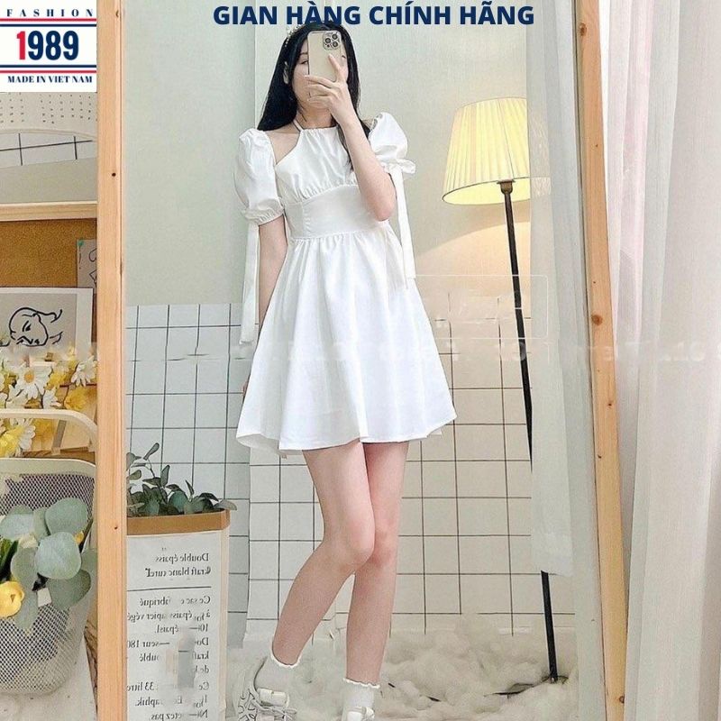 Đầm babydoll nữ cổ yếm kiểu dáng hàn quốc ulzzang vintage tiểu thư bánh bèo dễ thương váy dự tiệc -PHƯƠNG VŨ 1989