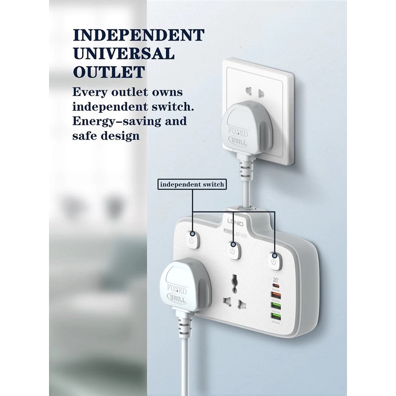 Ổ cắm điện LDNiO SC2413, 2 lỗ cắm  + 3 USB , sạc nhanh PD & QC 3.0, đầu ghim EU 2 chấu tròn - Hàng nhập khẩu