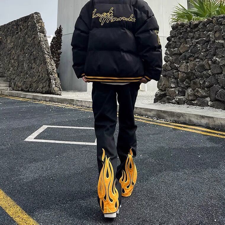 Quần Jean Ống Loe In Hình Ngọn Lửa Phong Cách Hip Hop Đường Phố Cá Tính