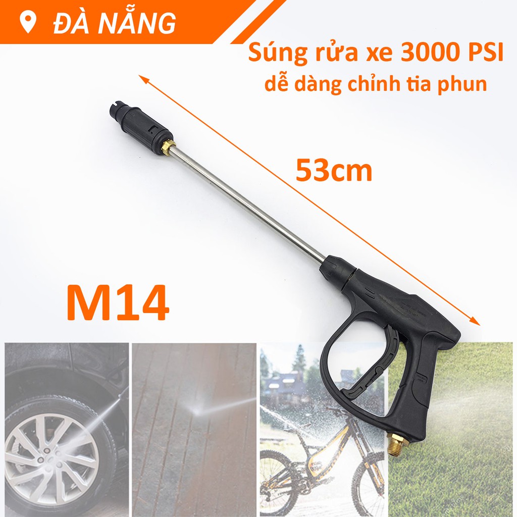 Súng rửa xe áp lực 3000psi mỏ vịt chỉnh tia dài 53cm ren ngoài nhỏ M14