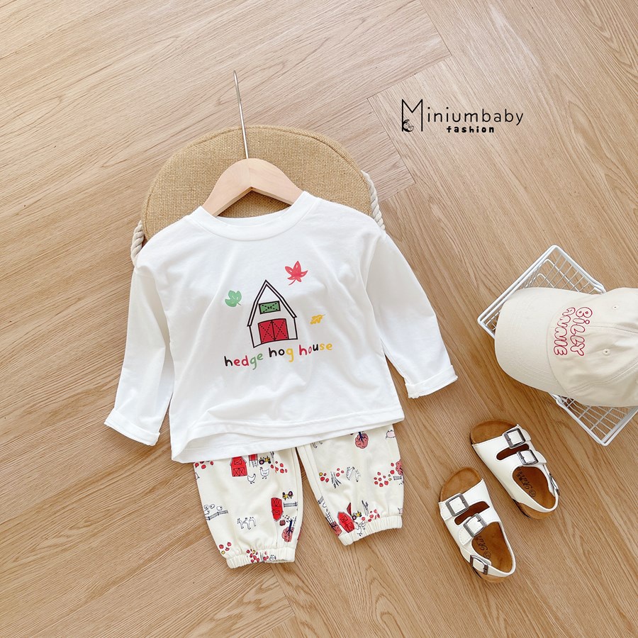 Bộ đồ dài tay quần dài thu đông in ngôi nhà, gà cho bé gái chất liệu 100% cotton, quần áo trẻ em miniumbabyfashionSB1303