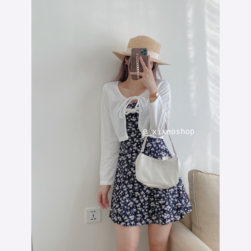 Váy 2 dây hoa nhí đen và áo khoác cardigan mỏng vintage xixeoshop - v144