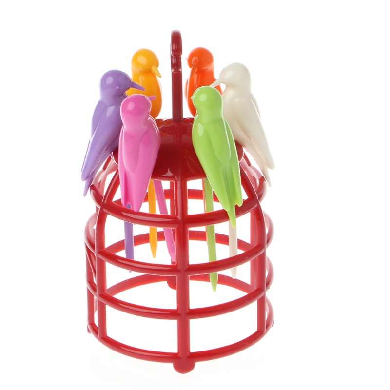 Set 6 Giá Đỡ Nĩa Ăn Trái Cây Bằng Nhựa Hình Lồng Chim Sáng Tạo