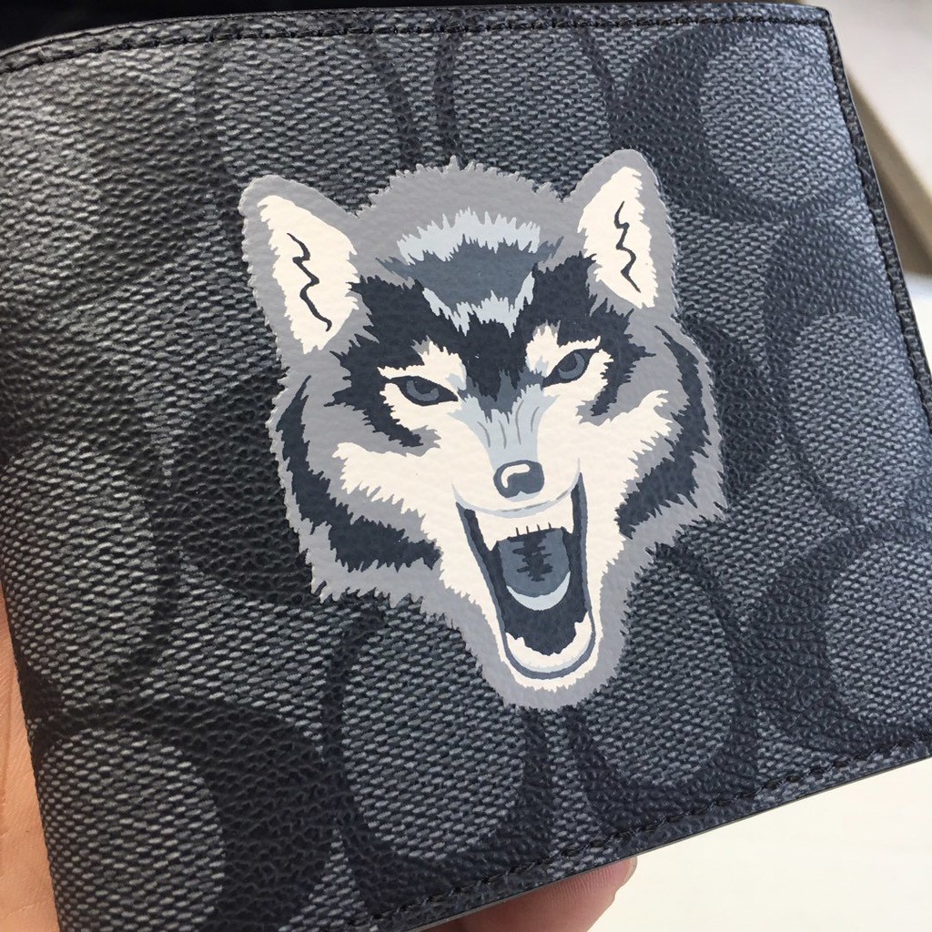 COACH Ví da gấp đôi sang trọng cổ điển  / Ví in hình đầu sói ngắn 31522