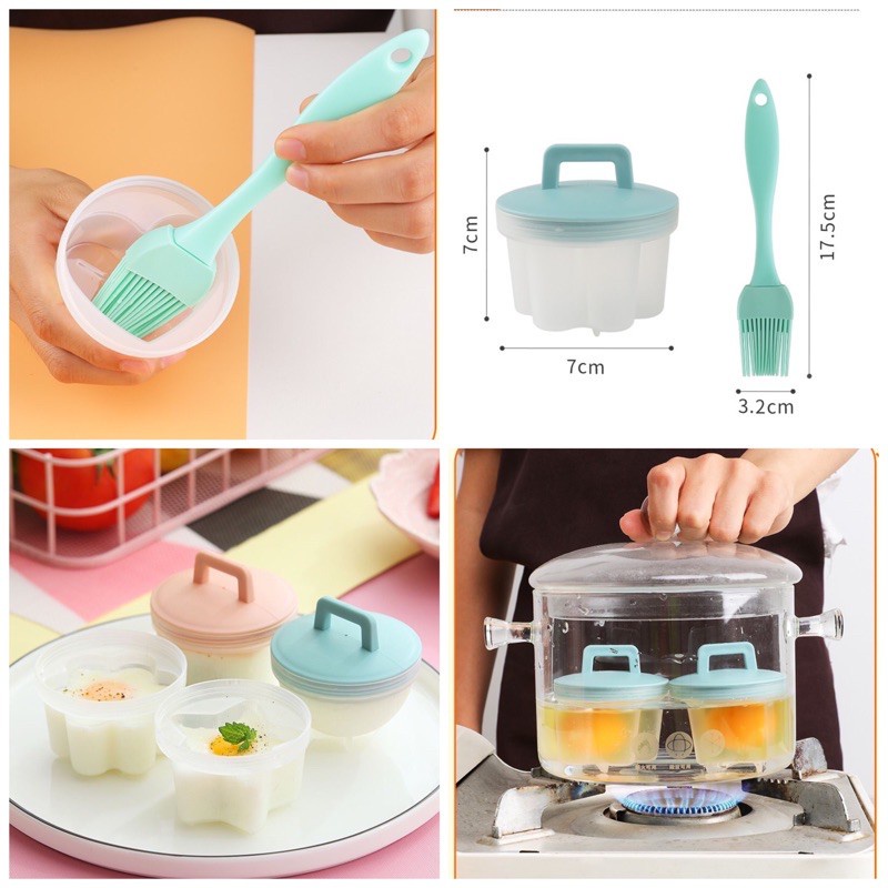 Set Khuôn Hấp Trứng Kèm Chổi Quét Dầu, Bộ 4 Khuôn Nhựa Chịu Nhiệt Làm Bánh Ăn Dặm Cho Bé