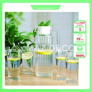 Giá sỉ bình đựng nước thuỷ tinh chịu nhiệt miệng rót sọc có quai cầm 1100 ml deli eh1004-2