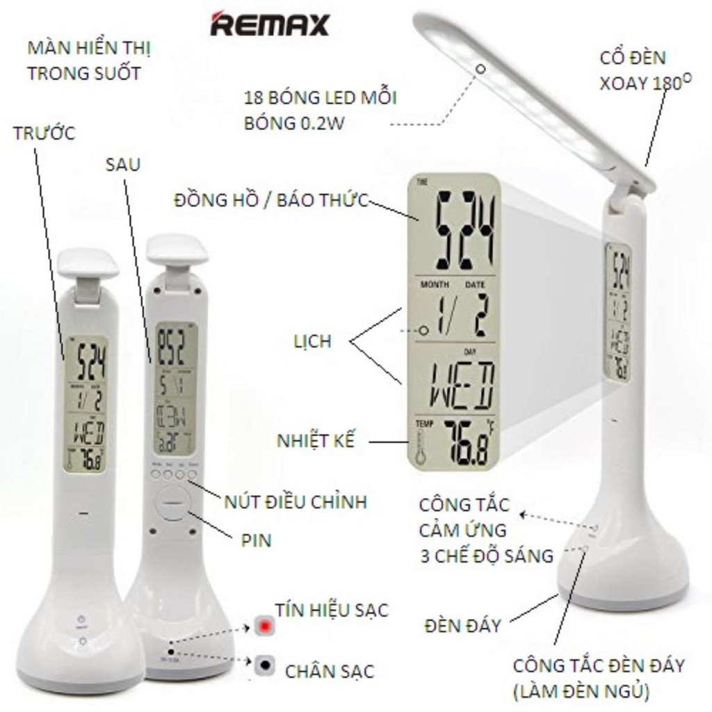 Đèn Để Bàn REMAX RT-E185: Đèn bàn LED tích điện chống cận 3 chế độ sáng - Hiển thị Ngày,Giờ,Nhiệt độ và Có báo thức