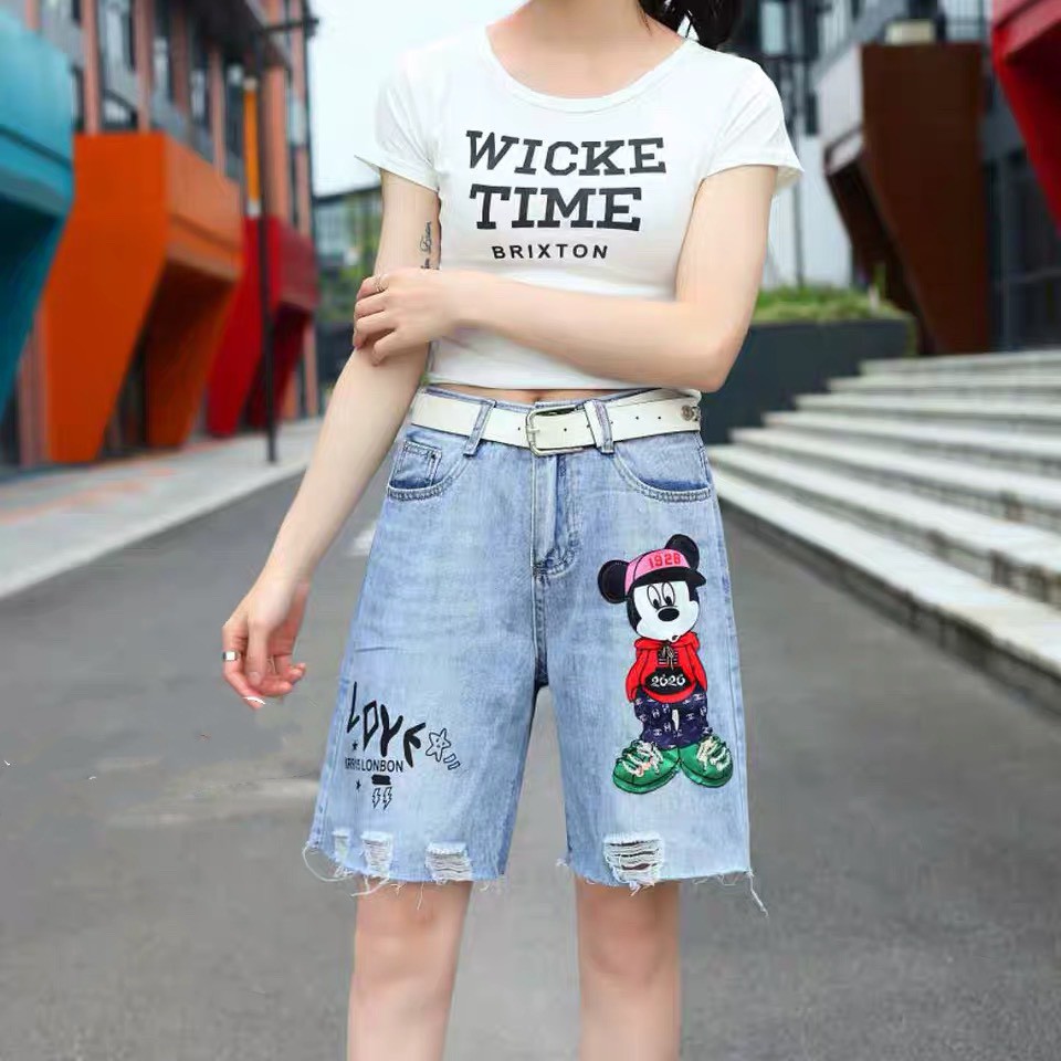 Quần jean ngố / lửng / 5 tấc BIGSIZE lưng cao, rách bụi đẹp, in hình mèo chuột 3336 3735 Moliruan