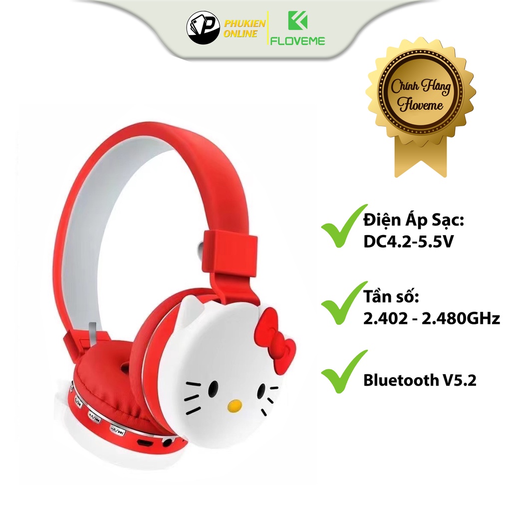 Tai Nghe Không Dây Floveme Mèo Hello Kitty AH806D, Bluetooth 5.0, Thiết Kế Kute, Kết Nối Điện Thoại, Máy Tính