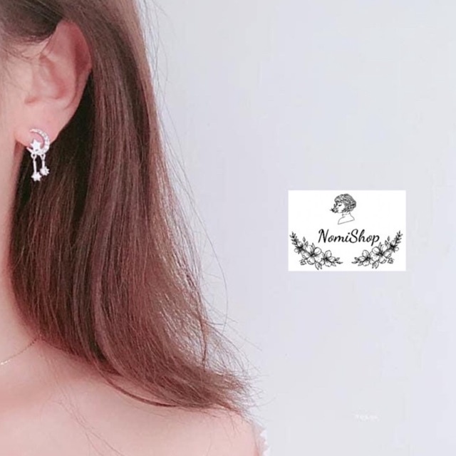 Bông tai nữ Bạc ta, Trăng sao lấp lánh dễ thương. Thu hút ánh nhìn Mainomi Shop Bạc Xinh