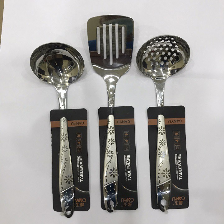 Bộ muôi múc canh, muôi thủng vớt lẩu, xẻng xào - Bộ vá đặc, vá thủng xẻng rãnh inox họa tiết in chìm trên cán
