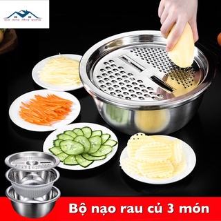 Mua  freeship  Bộ nạo rau củ 3 món bào Nhật Bản - Rổ nạo rau củ kèm rổ và chậu inox cao cấp đa năng tiện lợi dùng nhà bếp