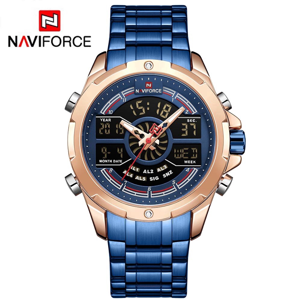 NAVIFORCE NF9170 Men Sport Fashion Stainless Steel Band Analog Digital Watch