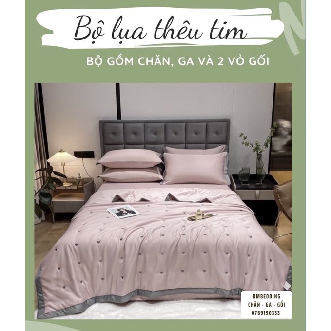 Tron bộ chăn ga gối lụa tencel tim phối mầu, set 4 món chăn hè ga gối lụa tencel cho mùa hè mát lạnh
