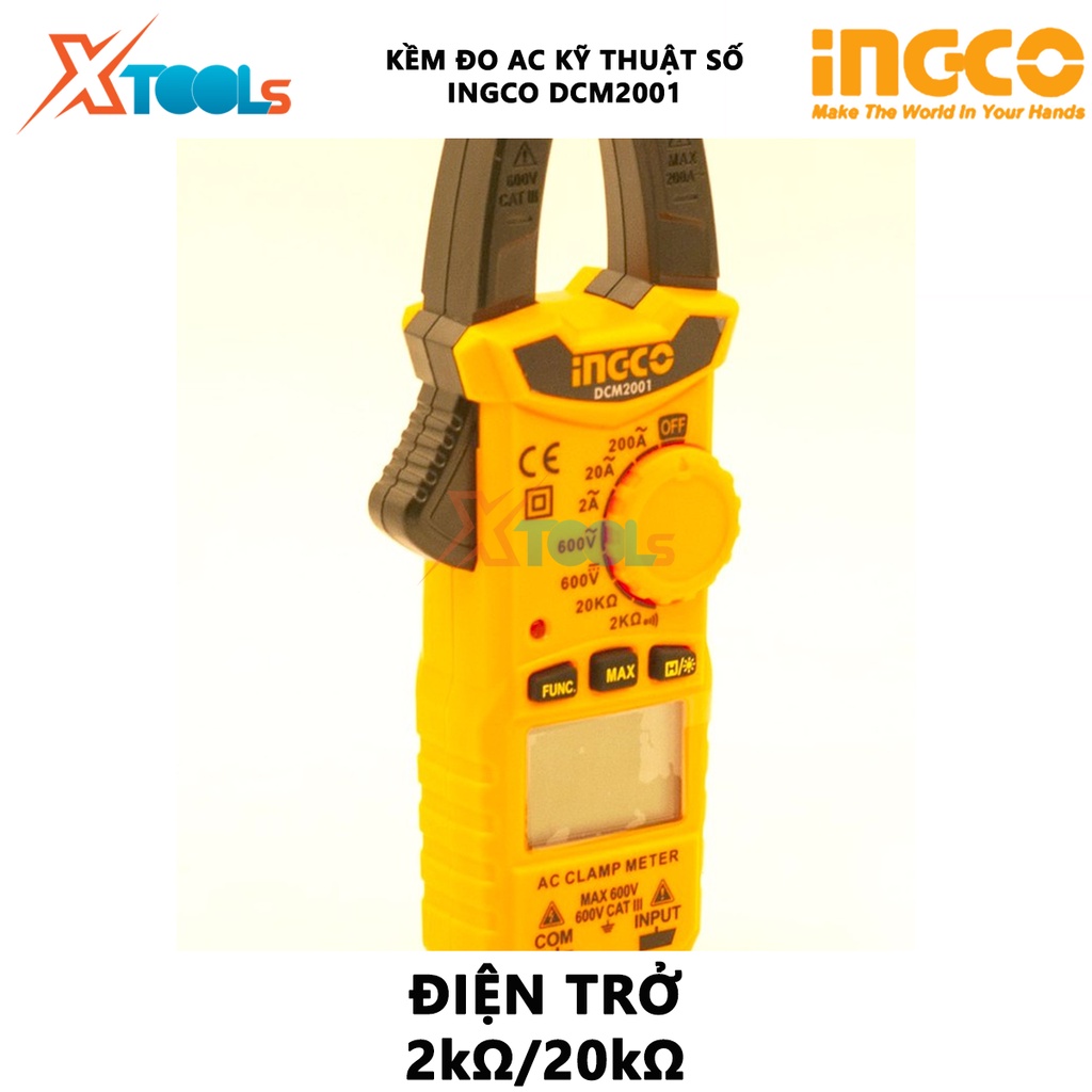 Ampe kìm đo AC kỹ thuật số INGCO DCM2001| Kềm đo AC kỹ thuật số 6000 số đếm, lưu giữ số liệu Dòng điện AC 2A/20A/200A/±(