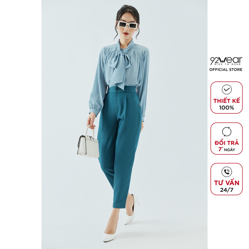 Áo sơ mi nữ dài tay nơ cổ 92WEAR,thiết kế công sở thanh lịch,vải voan cao cấp ASA1212