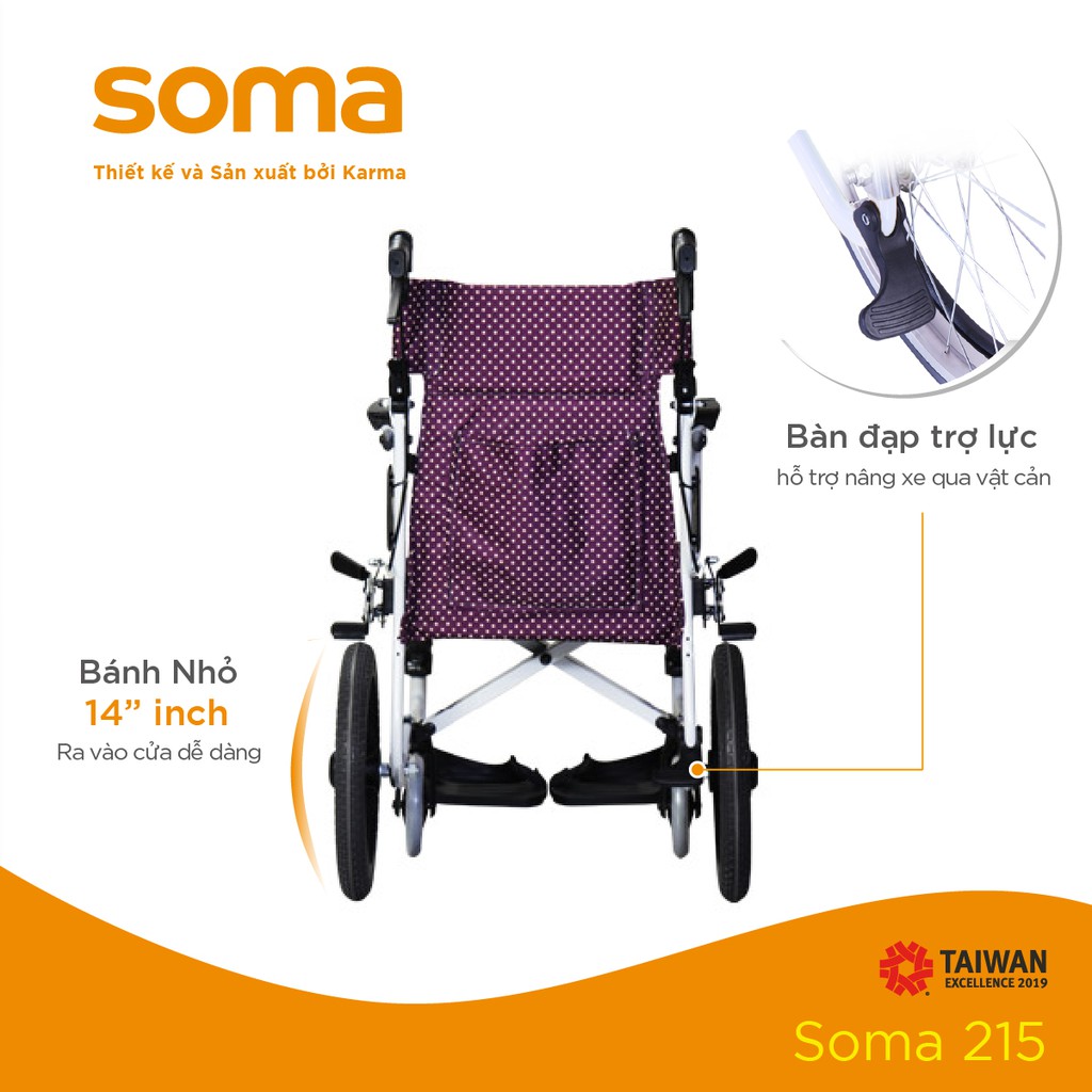 [Chính Hãng KARMA] Xe Lăn SOMA 215 Gọn Nhẹ Chỉ 9.9KG Có Thiết Kế Hỗ Trợ Sang Xe An Toàn