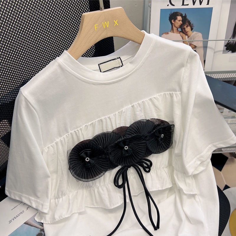 Japanese retro short sleeve T-shirt women's summer 2022 new design sense three-dimensional flower Ruffle bow top