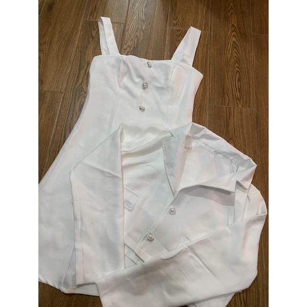Set Đầm Dạ 2 Dây Xoè Kèm Áo Khoác Vest Croptop Trắng