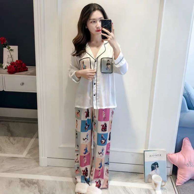 Bộ ngủ lụa Pijama dài tay hoạ tiết cô gái hàng cao cấp
