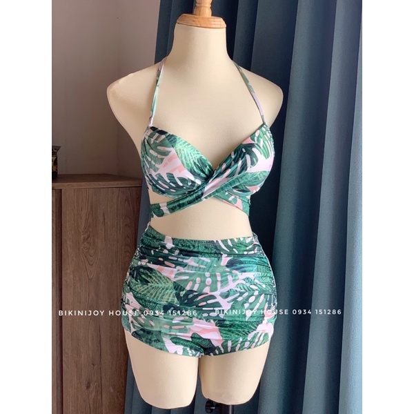 Đồ bơi nữ đi biển, bikini 2 mảnh nâng ngực hoạ tiết hoa lá xanh