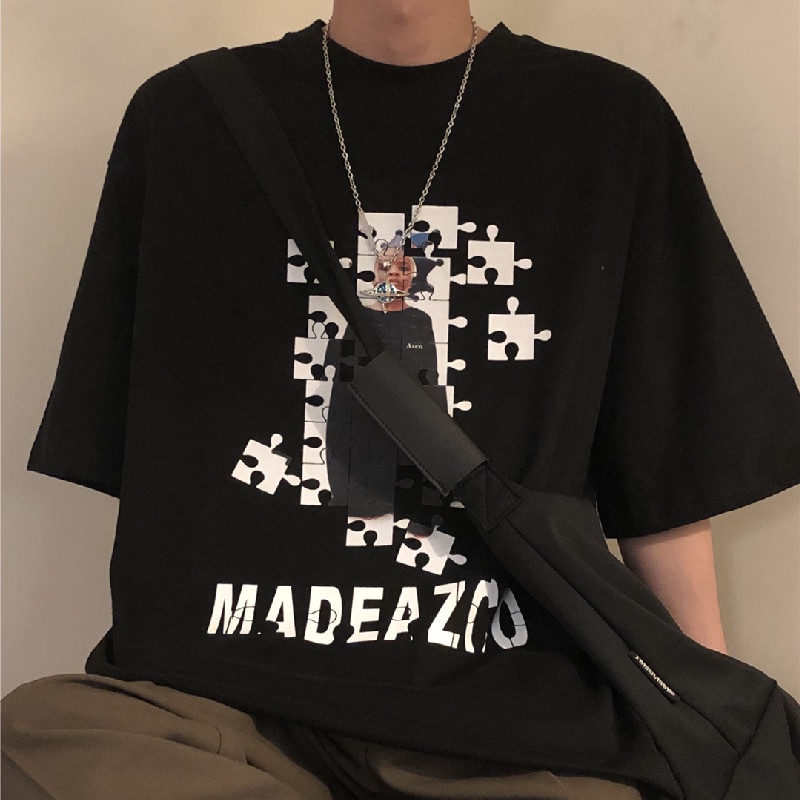 Áo Thun Nam Tay Ngắn Dáng Rộng Có In Hình Hoạt Hình Phong Cách Hàn Quốc