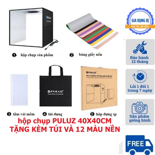 Hộp Chụp Hình Sản Phẩm PULUZ 40x40cm 60x60cm 80x80cm đủ bộ nền và 3 hiệu ứng đèn, gấp gọn quà tặng túi