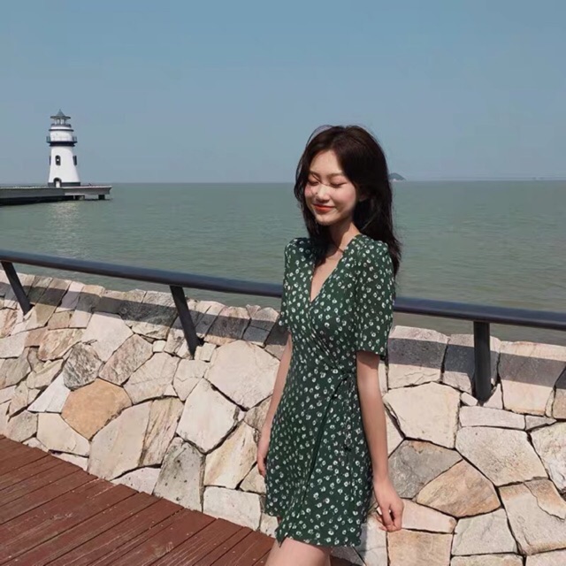 Đầm Zara xanh trầm họa tiết hoa vạt chéo dịu dàng DH1VCG5N7