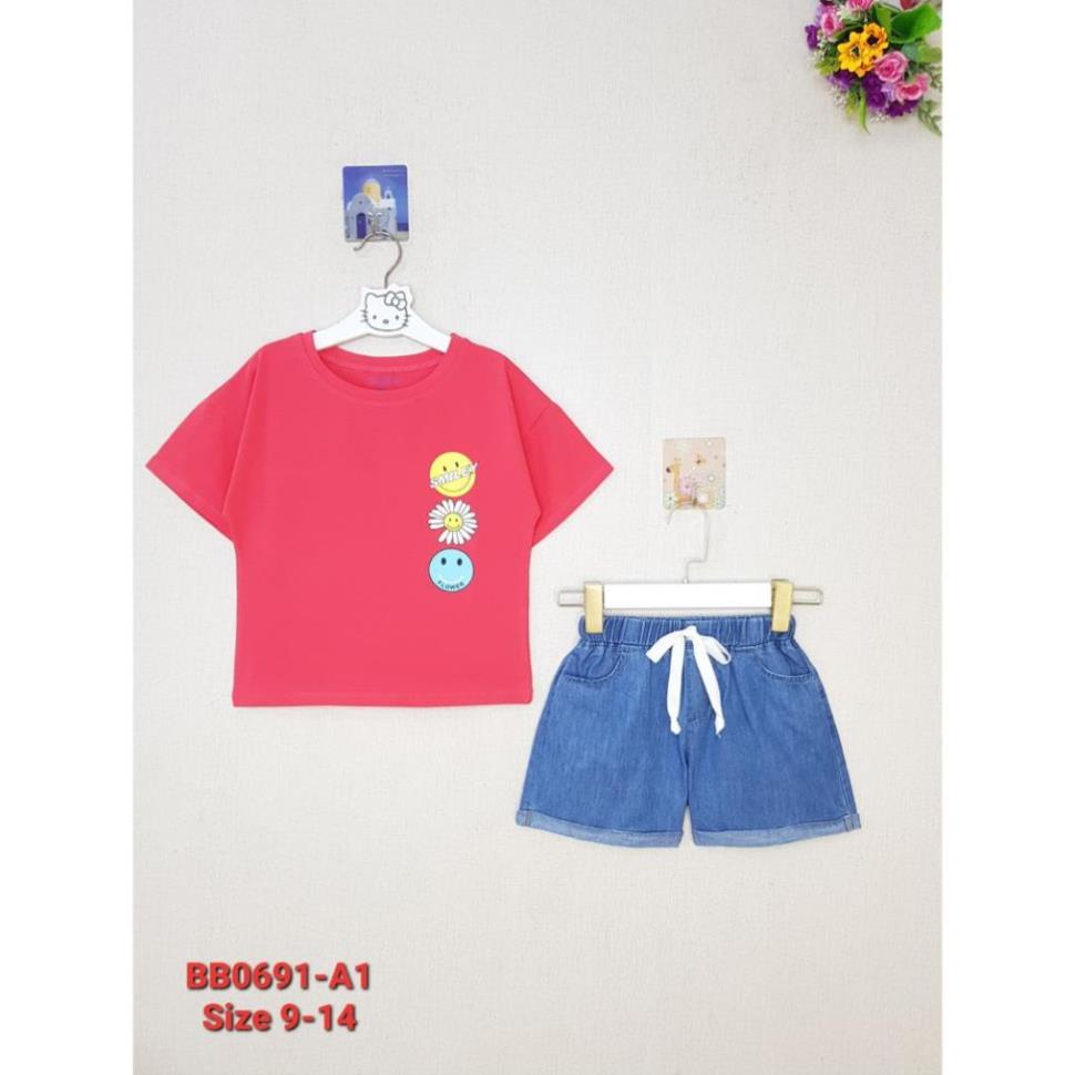 BB0691-A1 - Bộ bé gái cotton ngắn tay quần jean lật lai , in hoa cúc , màu hồng đỏ , size nhỡ 9t-14t