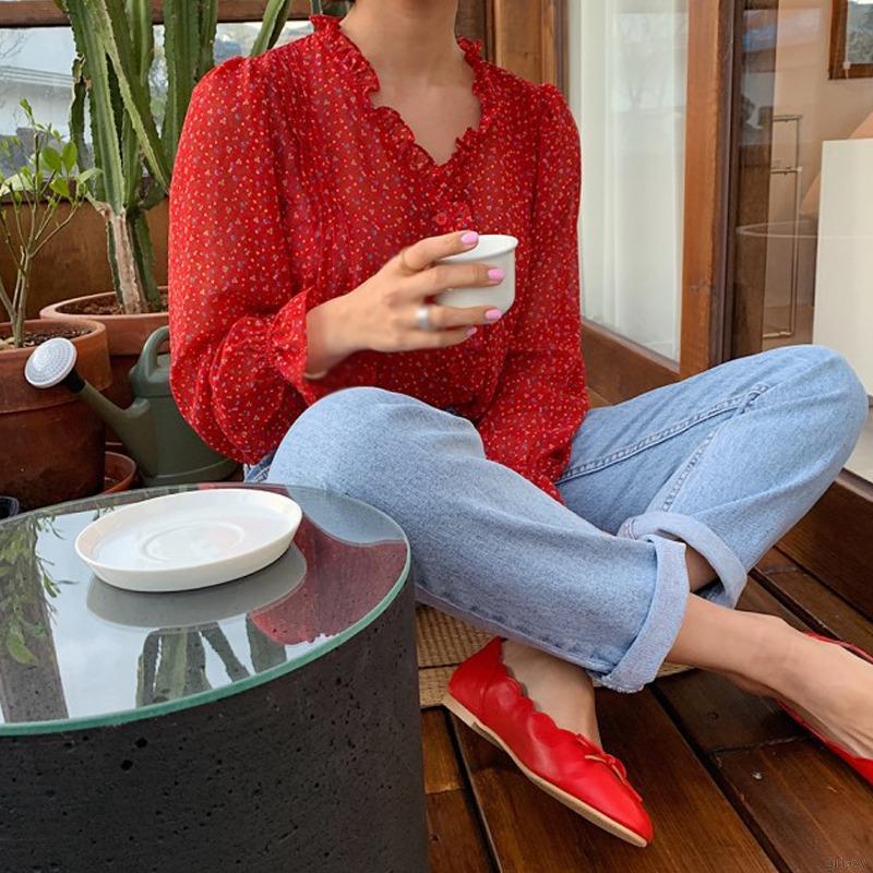 Áo Nữ Tay Dài Cổ Chữ V Họa Tiết Hoa Thời Trang Xinh Xắn Phong Cách Hàn Quốc