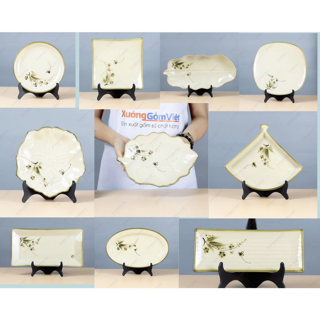 Bộ đĩa chuồn xanh set up bàn ăn gia đình - setup nhà hàng, quán ăn sang trọng và đẳng cấp - gốm bát tràng loại 1