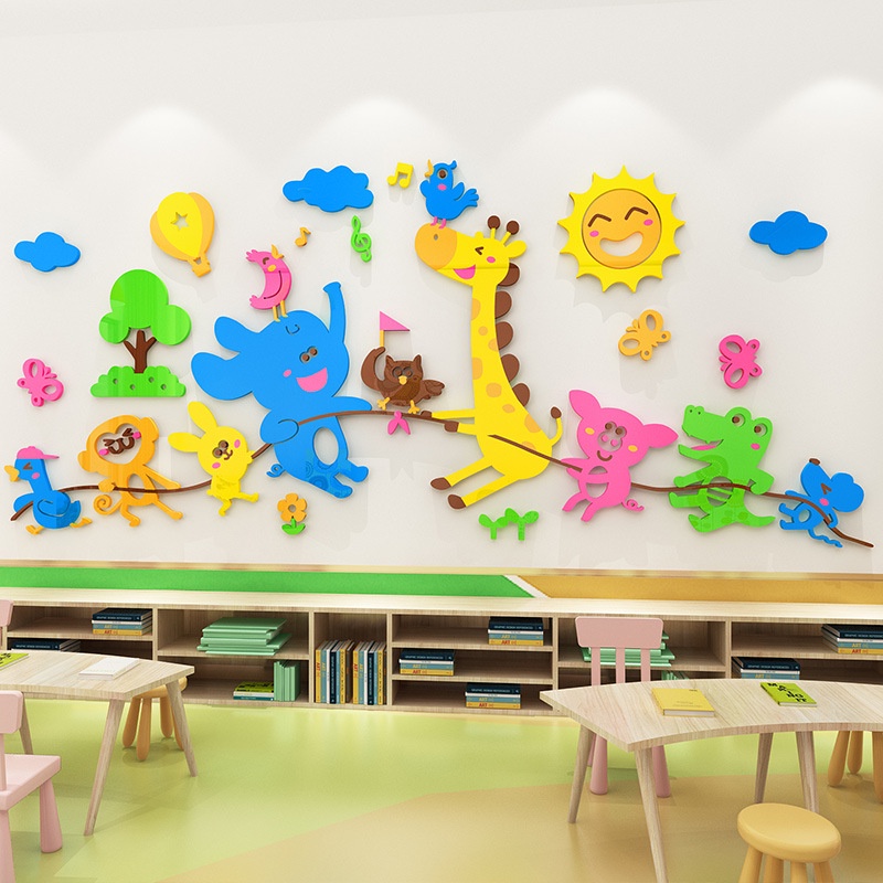 Tranh dán tường mica 3d decor Muông thú kéo co Trang trí nhà trẻ, phòng cho bé Nhiều Size - EPeBen