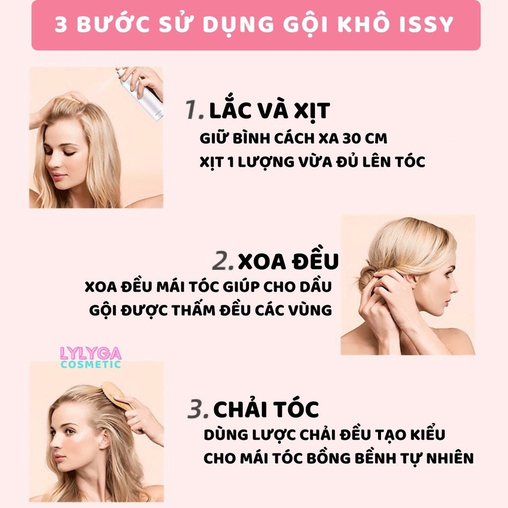 Dầu gội khô ISSY 150ml dạng xịt an toàn không cần nước dùng cho nam, nữ không bết tóc PLTPINKY