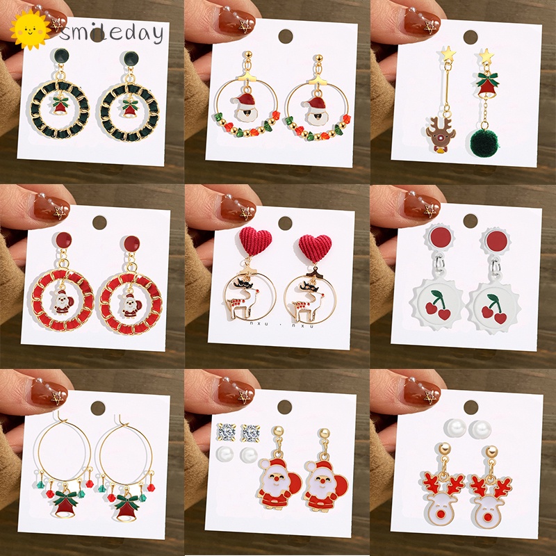 Fashion Gold Crystal Pearl Tassel Earrings Bells Elk Santa Claus Christmas Tree Earrings Women Jewelry Accessories