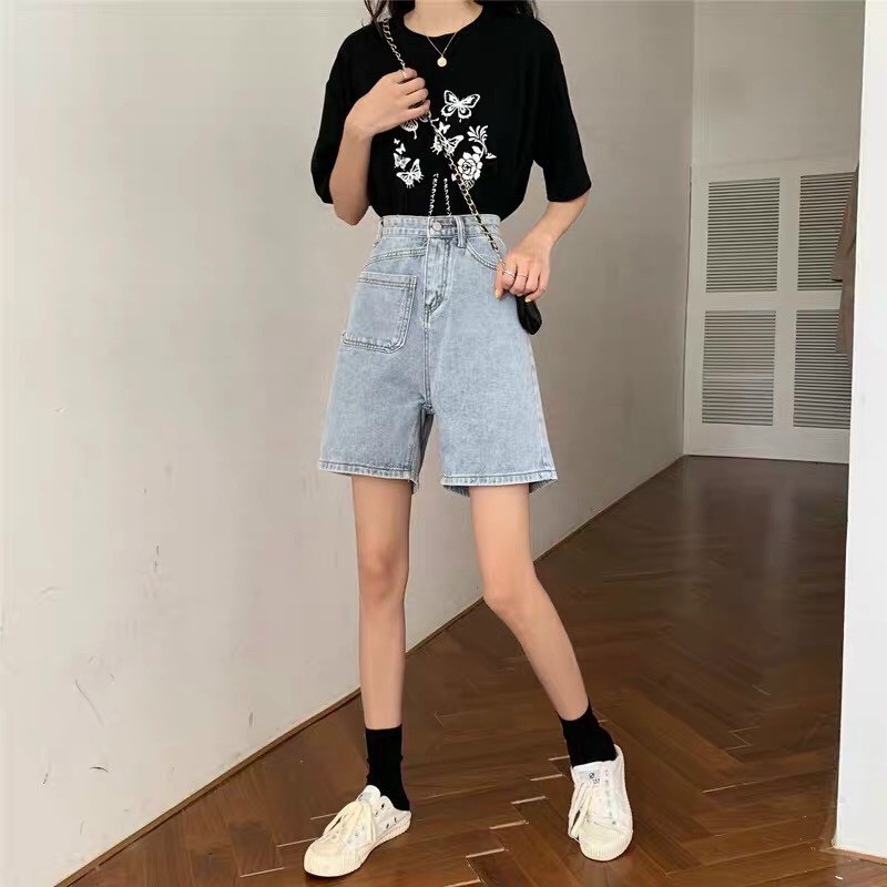 Quần Short Jean Ngố Nữ Ống Rộng TÚI LỆCH Chất Bò Phong Cách Ulzzang Hàn Quốc