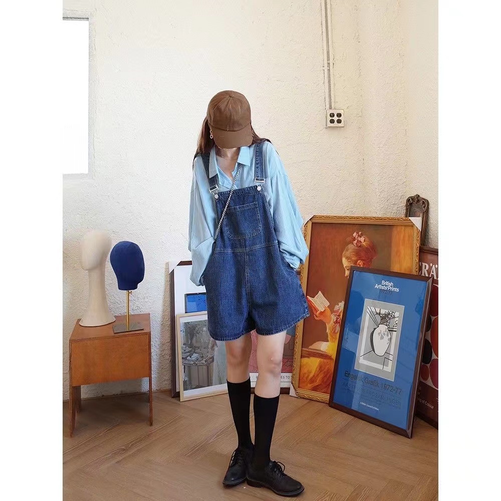 Quần Yếm Jean Ngắn Dáng Rộng Plus Size Size S-2XL Phong Cách Hàn Quốc Cho Nữ
