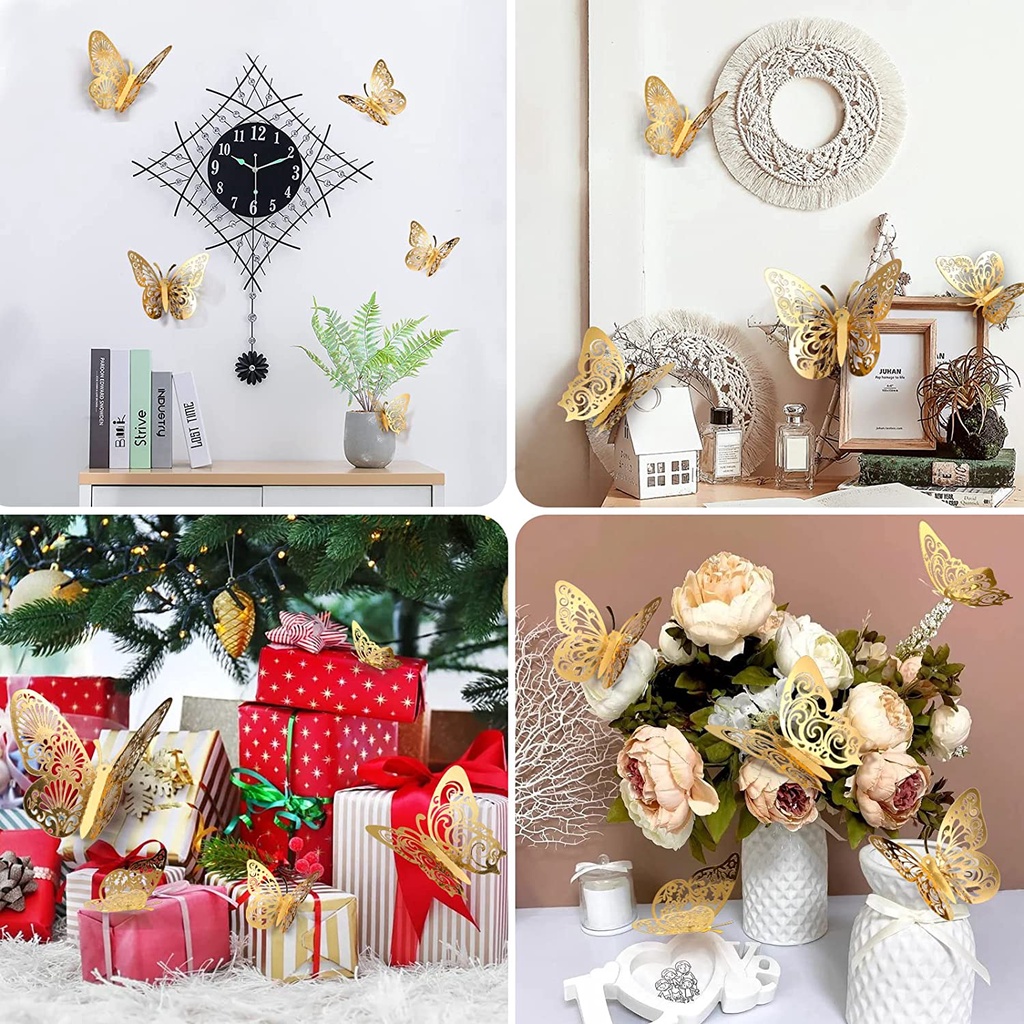 Bộ 12 Con Bướm 3D Bằng Kim Loại Có Nam Châm Hít Tủ Lạnh Trang Trí Tiệc Cưới