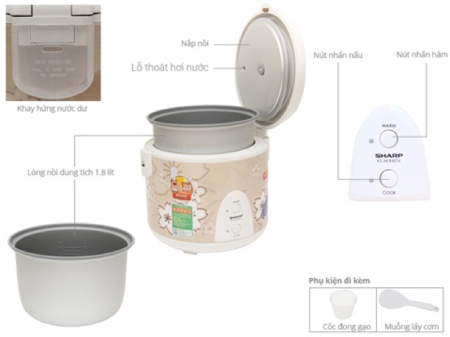 Nồi cơm điện Sharp 1.8 lít KS-N191ETV  - Hàng Mới 100% Chính Hãng - Sản Suất Thái Lan và việt nam
