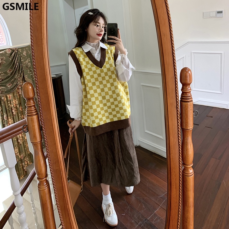 Áo Vest Dệt Kim Kẻ Caro Của Phụ Nữ Áo Len Cổ Chữ V Gấp Lại (Ảnh Chụp Thật Bằng Lông Cừu Cừu) | BigBuy360 - bigbuy360.vn