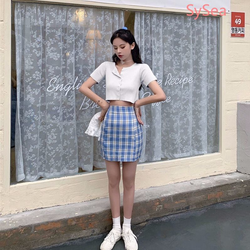 Set Áo Lửng Ngắn Tay + Chân Váy Ca Rô Lưng Cao Thời Trang Dành Cho Nữ