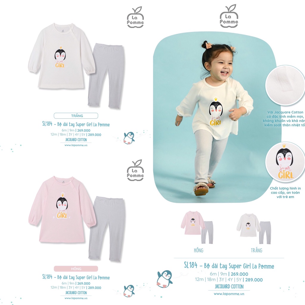[CHÍNH HÃNG] Bộ dài tay quần dài super girl trẻ em họa tiết động vật ngộ nghĩnh SL184 La Pomme