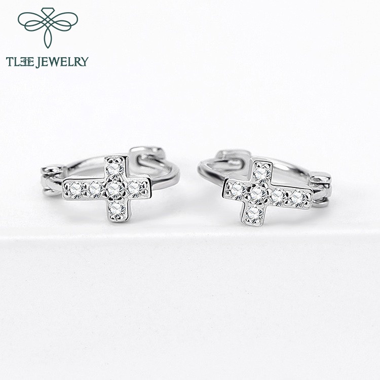 Khuyên tai bạc unisex  tròn thánh giá nạm đá mẫu đeo ngắn có chốt bấm TleeJewelry B0141