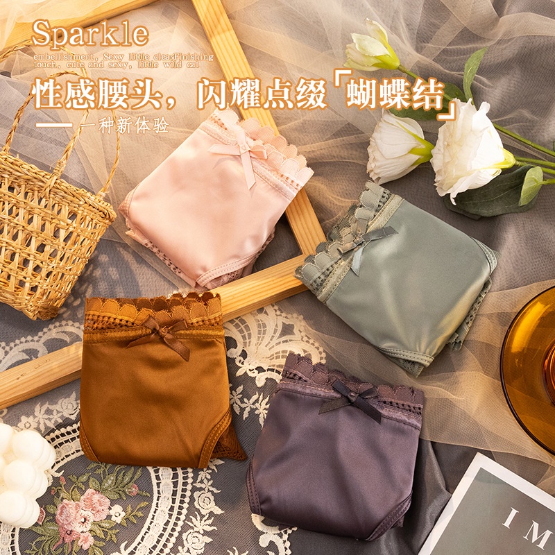 Quần Lót Lụa satin Phối Ren Không Đường May Lưng Thấp Phong Cách Âu Mỹ Thời Trang Cao Cấp Cho Nữ