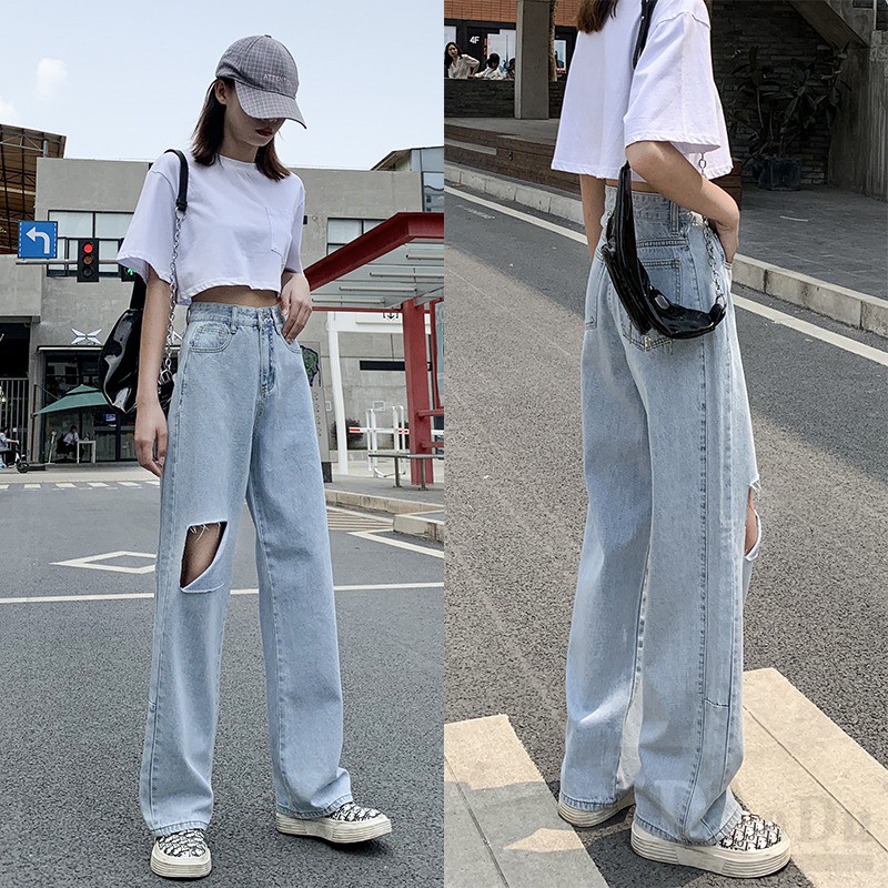 Quần Jeans Dài Rách Gối Thời Trang Dành Cho Nữ