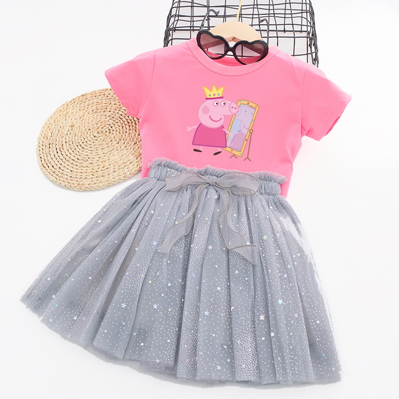 Bộ 2 Món Áo Thun Tay Ngắn + Đầm Tutu In Họa Tiết Hoạt Hình Lấp Lánh Cho Bé Gái