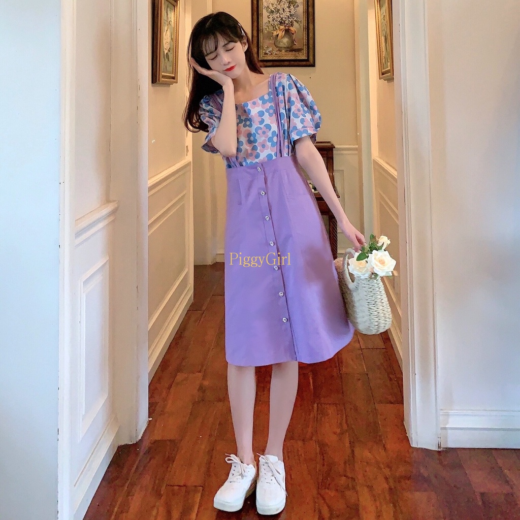 Set Áo Váy Hai Dây Màu Tím Nhạt Thời Trang Mùa Hè Phong Cách Pháp Cổ Điển